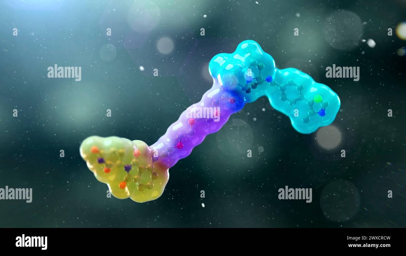 Abbildung der Struktur eines gezielten Proteinabbaumoleküls, z. B. einer Proteolyse-Targeting-Chimäre (PROTAC). Gezielte Proteinabbauer sind kleine Moleküle, die aus zwei Liganden (gelb und cyan) bestehen, die durch einen Linker (violett) verbunden sind. Ein Ligand rekrutiert ein Protein von Interesse, während der andere ein Protein-Ligase-Molekül rekrutiert, das zur Ubiquitylierung und anschließenden Abbau des Proteins von Interesse führt. Stockfoto