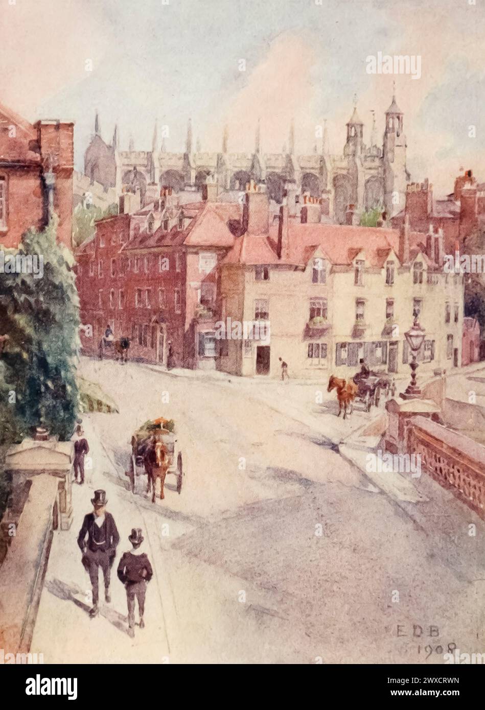 Abbildung: Barnes Pool Bridge, Baldwin's Shore und Upper Chapel. Baldwin's Bee ist rechts zu sehen, Rowlands Sockenladen links. Aquarell von Edith Danvers Brinton aus „Eton“ von Christopher Reynolds Stone, veröffentlicht 1909. Das Eton College ist eine öffentliche Schule in Berkshire, Großbritannien. Es wurde 1440 von Heinrich VI. Unter dem Namen Kynge's College of Our Ladye of Eton besyde Windesore gegründet. Stockfoto