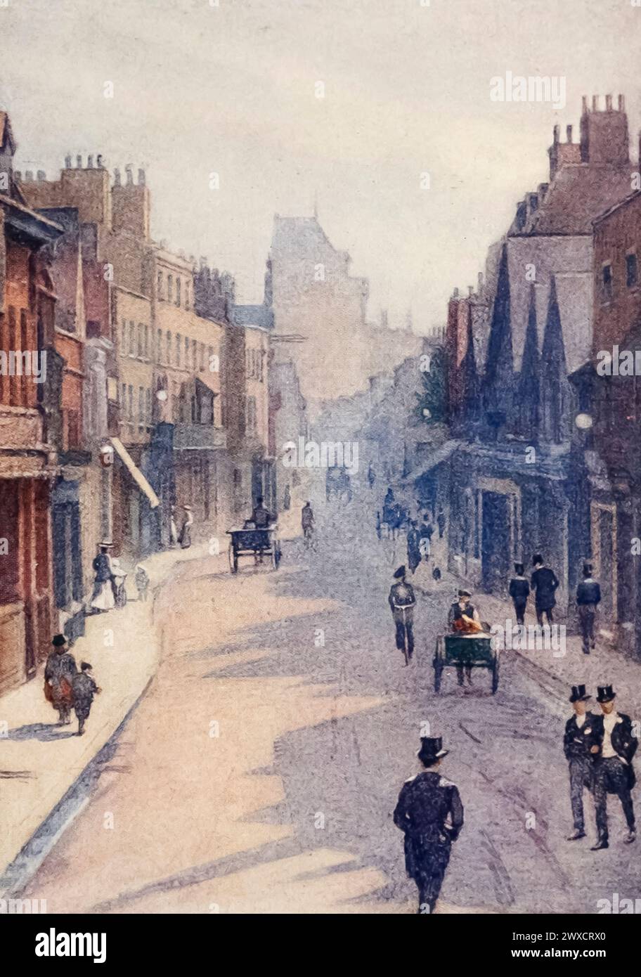 Illustration der Eton Street nach zwölf auf einem Halburlaub. In der Ferne ist der Sperrmeilenturm von Windsor Castle zu sehen. Aquarell von Edith Danvers Brinton aus „Eton“ von Christopher Reynolds Stone, veröffentlicht 1909. Das Eton College ist eine öffentliche Schule in Berkshire, Großbritannien. Es wurde 1440 von Heinrich VI. Unter dem Namen Kynge's College of Our Ladye of Eton besyde Windesore gegründet. Stockfoto