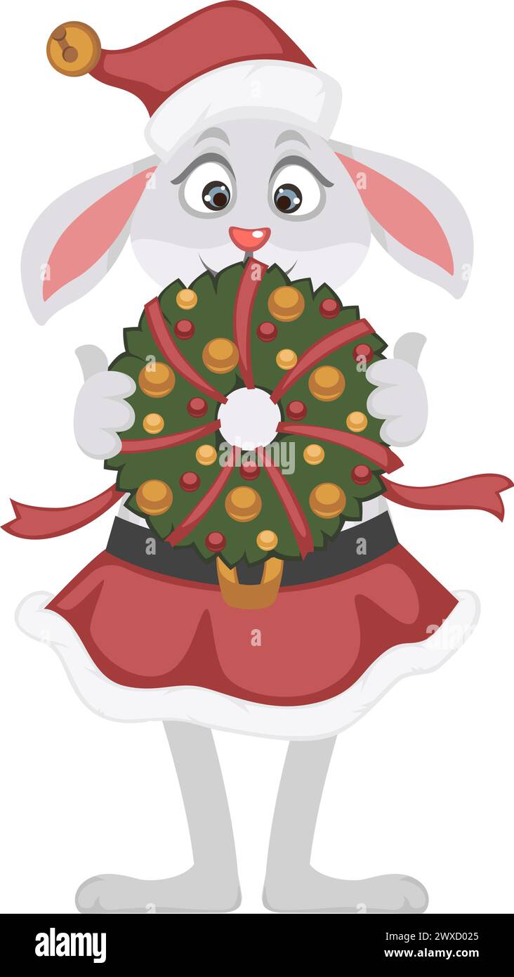 Kaninchen Charakter hält Weihnachtskranz in den Händen Stock Vektor