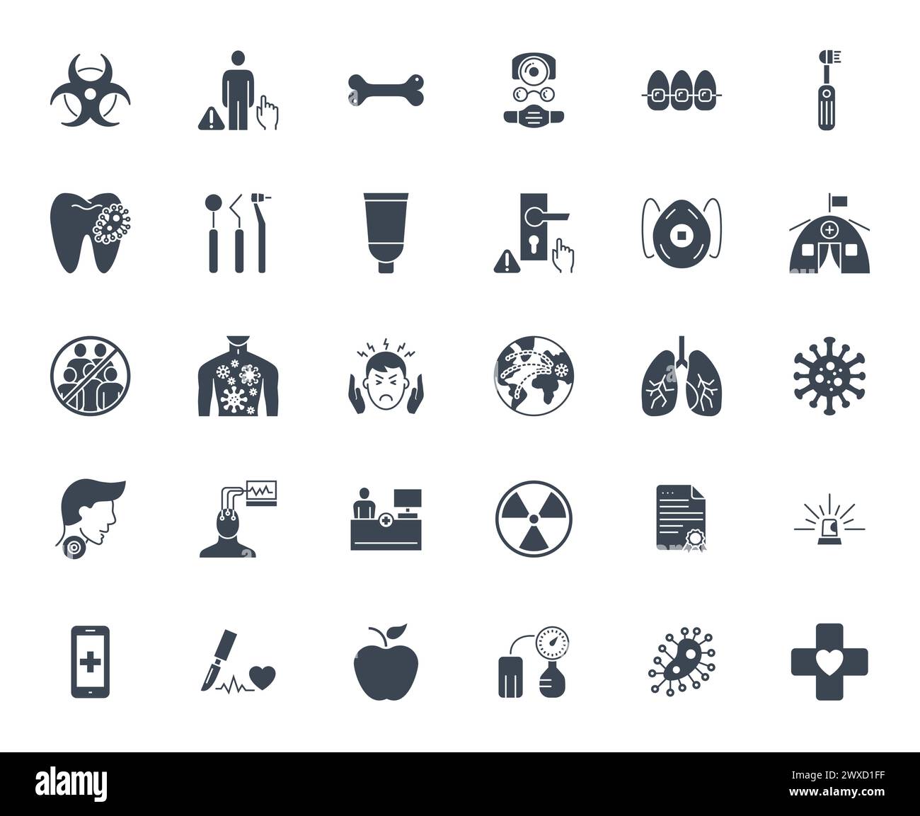 Medizinische Vektorsymbole Gesetzt. Glyphensymbole, Zeichen und Symbole in Solid Design. Medizin, Gesundheitswesen und Coronavirus-COVID-19-Pandemie. Mobile Konzepte und Stock Vektor