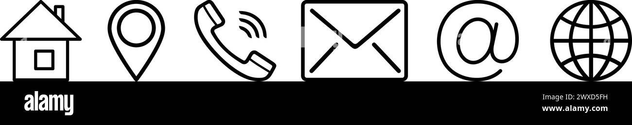 Symbol für Aufbau, Kartennadel, Telefon, Umschlag, Adresse und Webseite als Satz von Symbolen für den Terminplan für Geschäftstreffen Stock Vektor