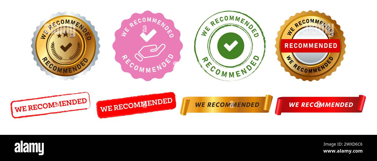 Wir empfehlen das Stempelsiegel und das Band-Etikett-Aufkleber-Schild für Bestseller-Werbeartikel Stock Vektor