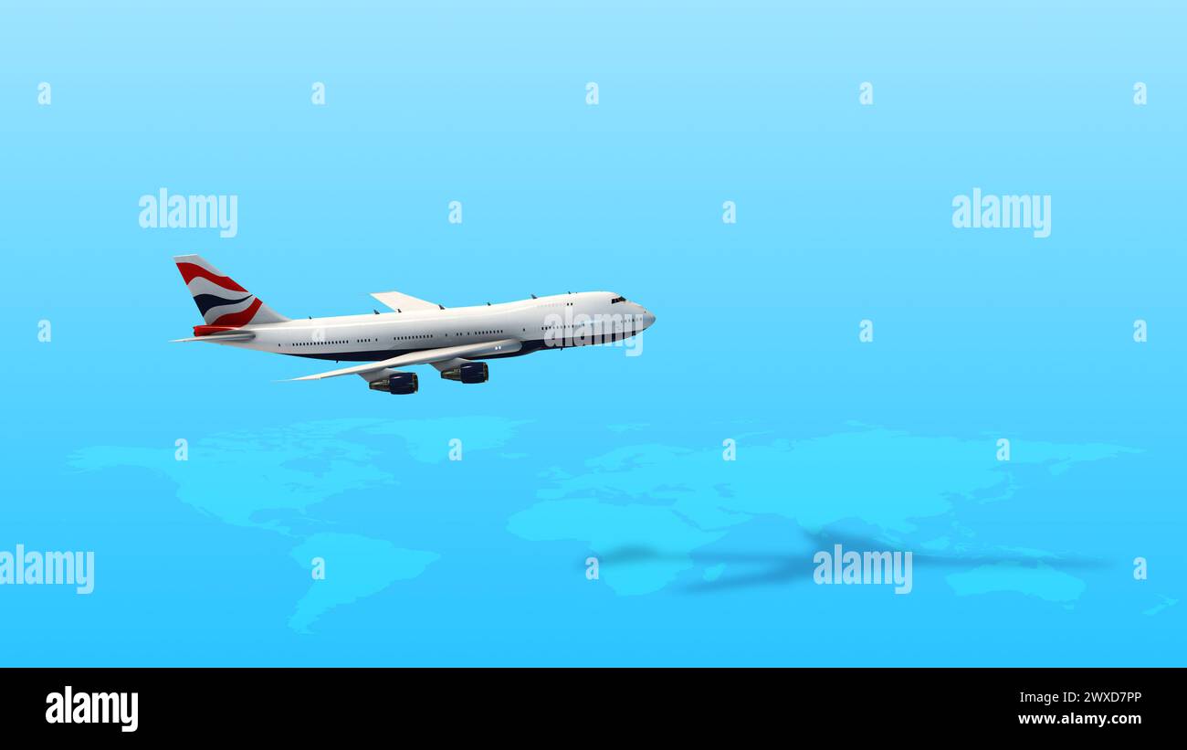 3D-Flugzeug im Smartphone mit Reisekoffer Stockfoto