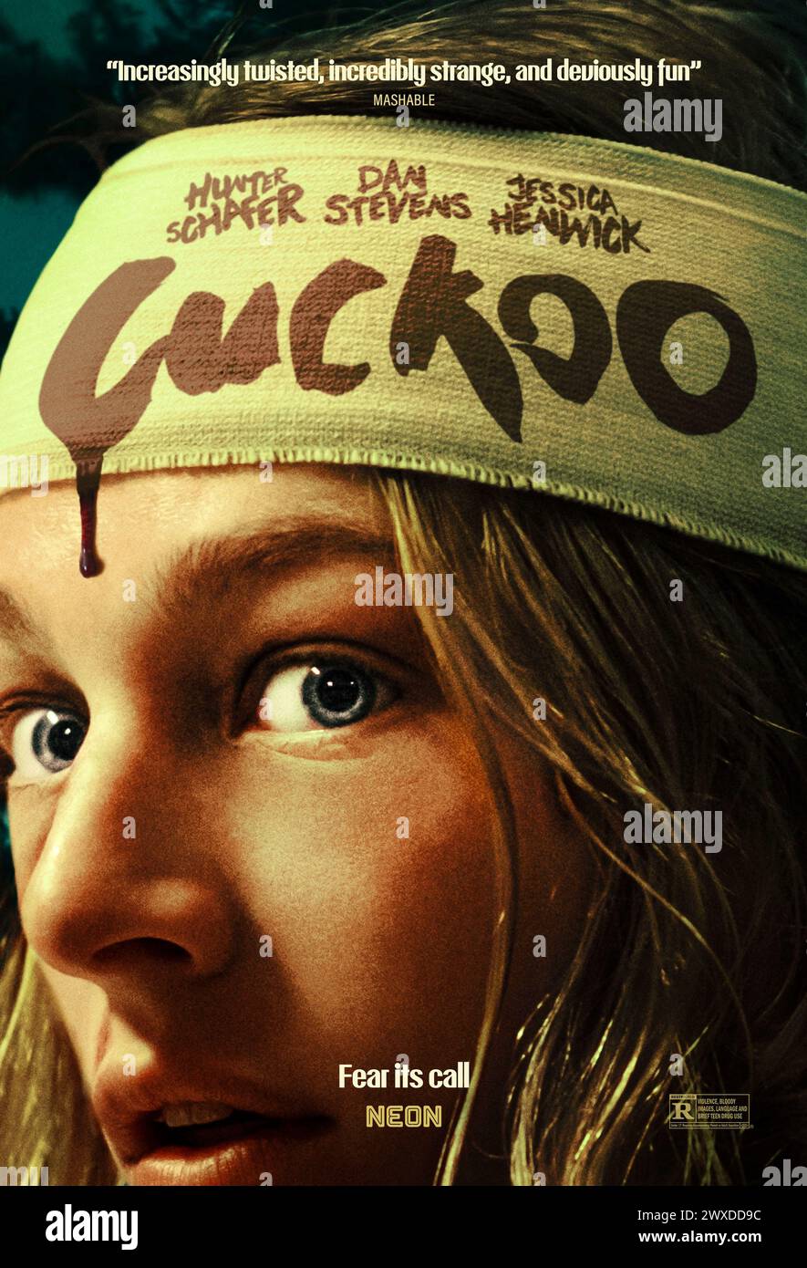 Cuckoo (2024) von Tilman Singer mit Hunter Schafer, Dan Stevens und Jessica Henwick. Ein 17-jähriges Mädchen wird gezwungen, mit ihrer Familie in ein Resort zu ziehen, wo die Dinge nicht so sind, wie sie scheinen. US-Poster mit einem Blatt.***NUR REDAKTIONELLE VERWENDUNG*** Credit: BFA / Neon Stockfoto