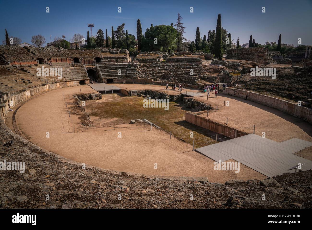 Das römische Amphitheater von Merida ist Teil des Archäologischen Emsembles von Merida, einer der größten archäologischen Stätten Spaniens. Stockfoto