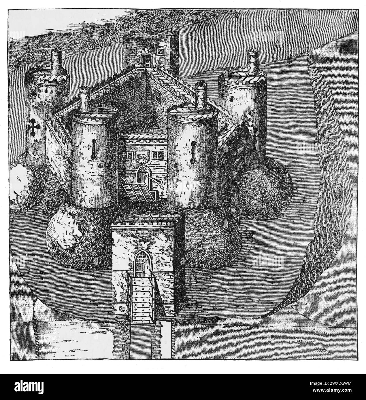 Holt Castle, Denbighshire, Wales, wie es 1610 erschien. Von Pennant's 'North Wales'. Schwarz-weiß-Illustration aus dem „Our Own Country“ veröffentlicht von Cassell, Petter, Galpin & Co. Ende des 19. Jahrhunderts. Stockfoto