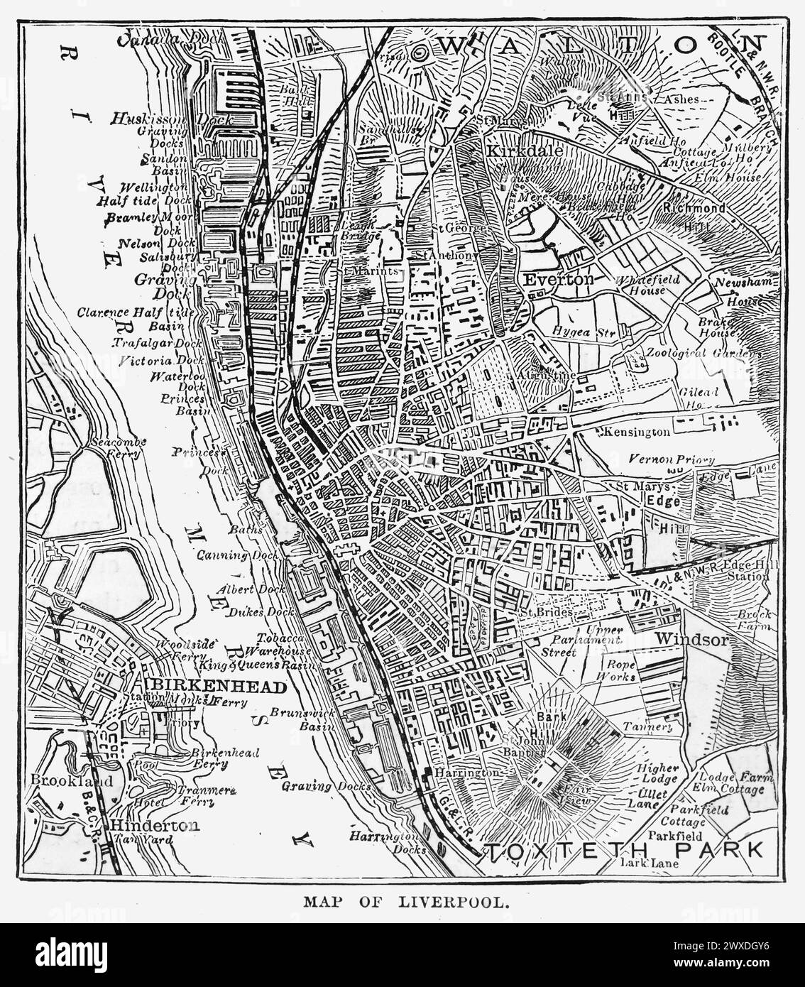 Karte von Liverpool im 19. Jahrhundert mit vielen Docks am Fluss Mersey. Schwarz-weiß-Illustration aus dem „Our Own Country“ veröffentlicht von Cassell, Petter, Galpin & Co. Ende des 19. Jahrhunderts. Stockfoto