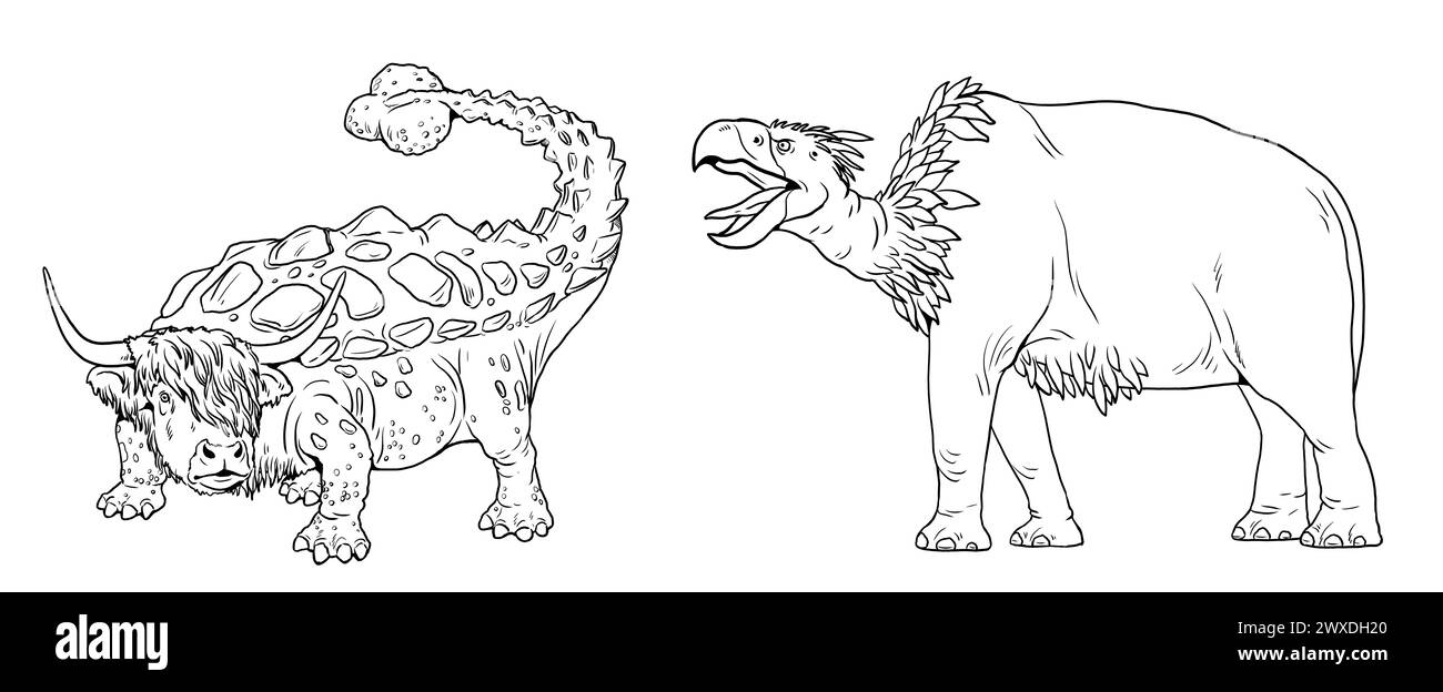 Ausmalseite mit den Tiermutanten: Ein Elefant mit dem Kopf eines Raubvogels. Malbuch mit Fantasy-Kreaturen. Stockfoto