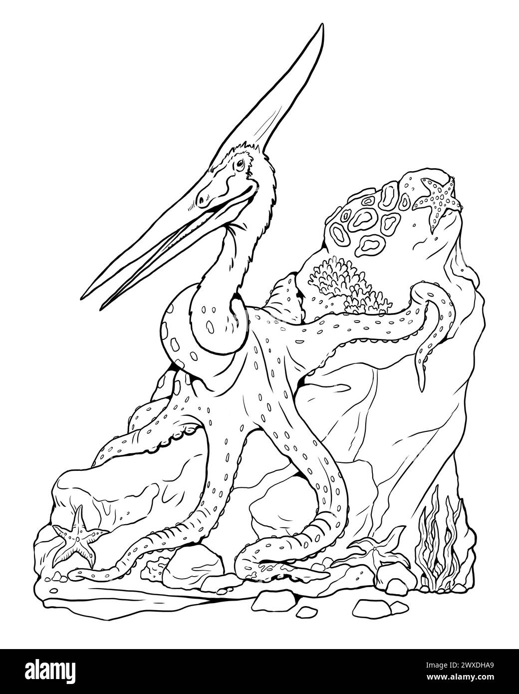 Ausmalseite mit den Tiermutanten: Ein Oktopus mit dem Kopf eines Pteranodon. Malbuch mit Fantasy-Kreaturen. Stockfoto