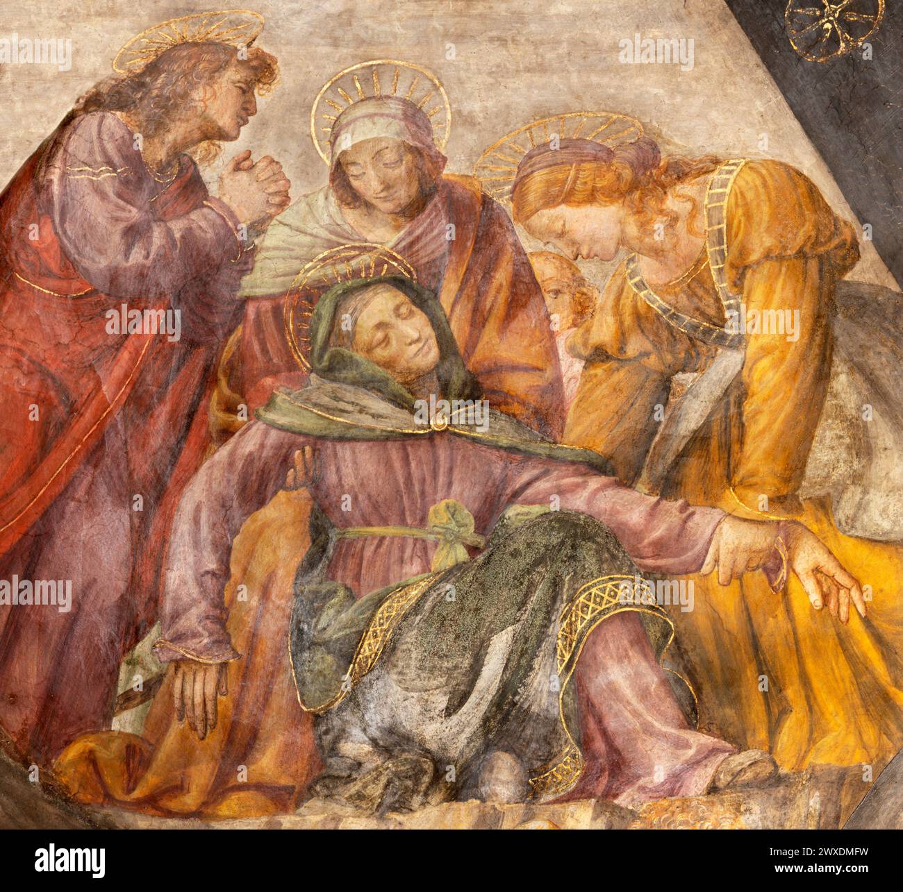Mailand - das Detail des Renaissance-Freskos der Kreuzigung (Trauer unter dem Kreuz) - Cappella della Passione in San Giorgio im Palazzo. Stockfoto