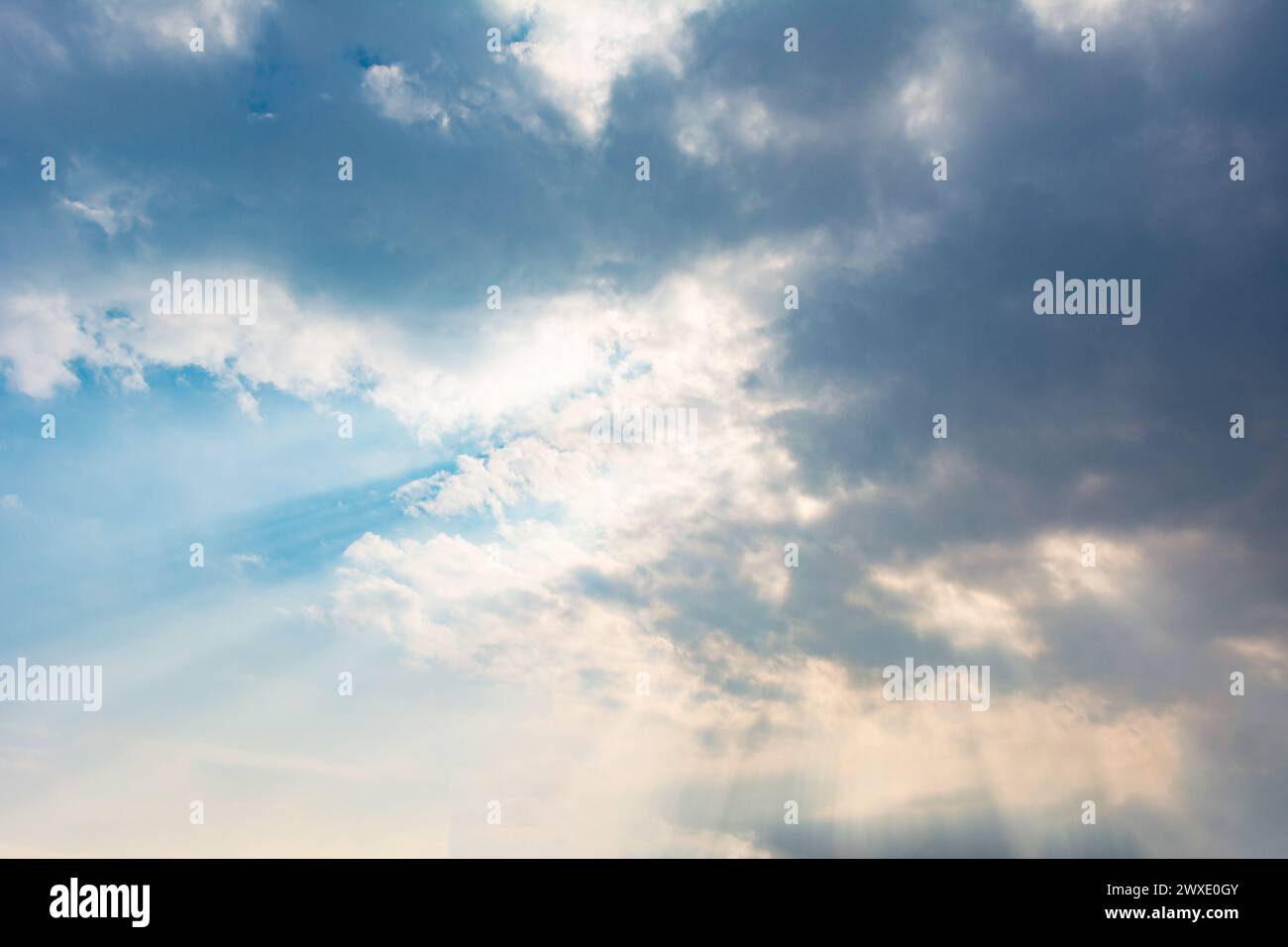Sonnenlicht durchdringt eine Cumuluswolke. Hintergrund oder Textur des bewölkten Himmels. Stockfoto