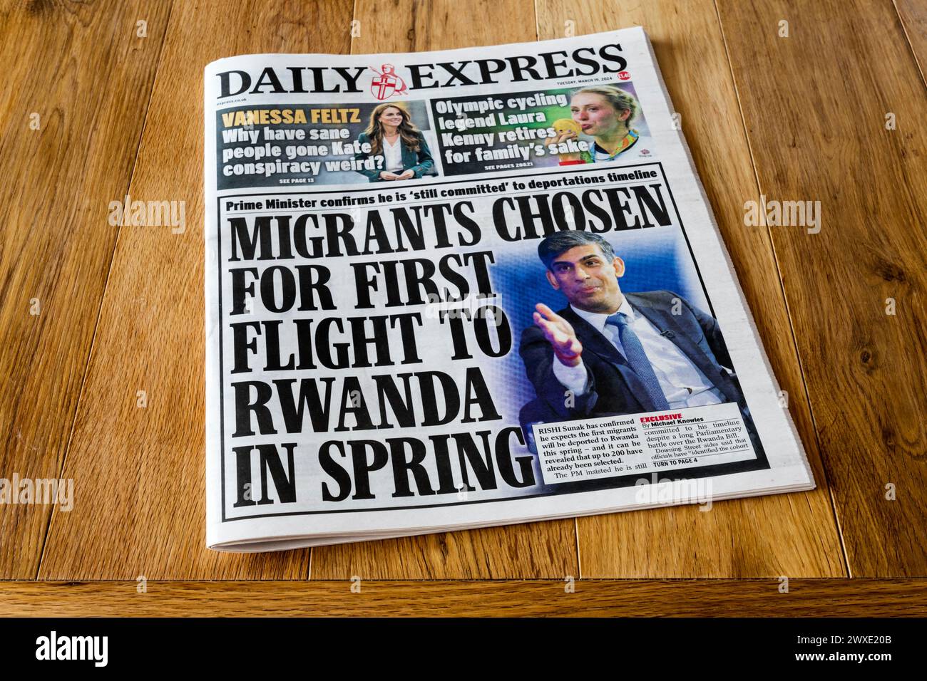 19. März 2024. Die Schlagzeile in Daily Express lautet Migranten, die im Frühjahr für den ersten Flug nach Ruanda ausgewählt wurden. Stockfoto