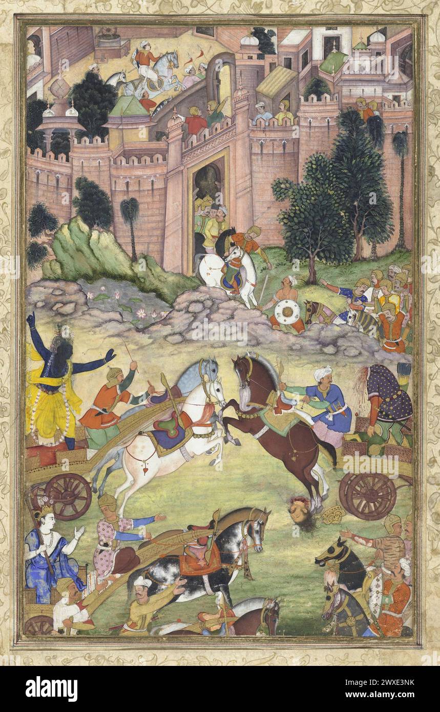 Krishna tötet den Dämon Sri Gala (Szene aus der Harivamsa) indische Miniaturmalerei Gouache. Anonym. Indien, ca. 1585-95 Stockfoto