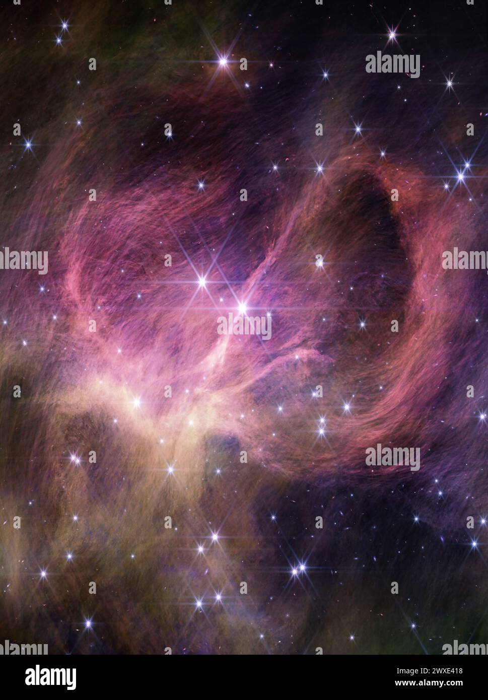 Dieses Bild des NIRCam-Instruments am James Webb Space Telescope der NASA zeigt den zentralen Teil des Sternhaufens IC 348. Die schroffen Vorhänge, die das Bild füllen, sind interstellares Material, das das Licht der Sterne des Sternhaufens reflektiert – was als Reflexionsnebel bekannt ist. Der helle Stern, der der Mitte des Rahmens am nächsten liegt, ist ein Paar von Typ-B-Sternen in einem Doppelsystem, die die massereichsten Sterne im Sternhaufen sind. Zwei prominente, helle Sterne nahe der Bildmitte zeigen Webbs Achtpunkt-Beugungsspitzen. Quelle: NASA Stockfoto