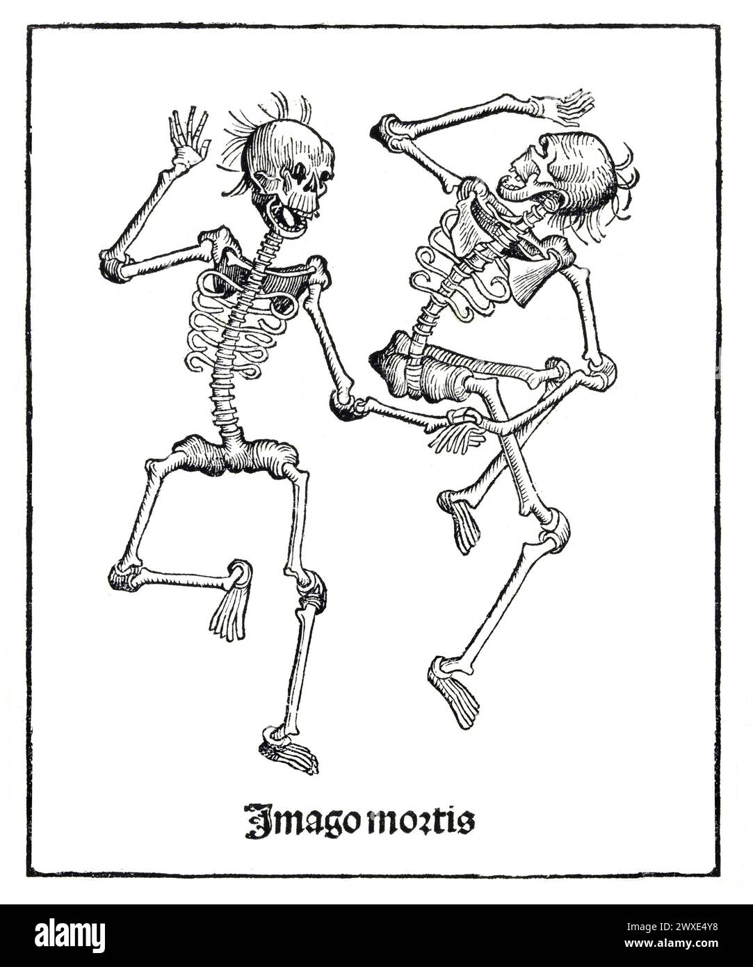 Einzigartige modifizierte Version eines antiken Buchdruckes tanzender Skelette. Imago mortis der Holzschnitt wird als Buchillustration in Hartmann Schedels Liber Chronicarum (oder Nürnberger Chronik) verwendet, das 1493 in lateinischer und deutscher Sprache veröffentlicht wurde. Druckerei: Werkstatt von Michel Wolgemut und Wilhelm Pleydenwurff, Nürnburg, Deutschland. Stockfoto