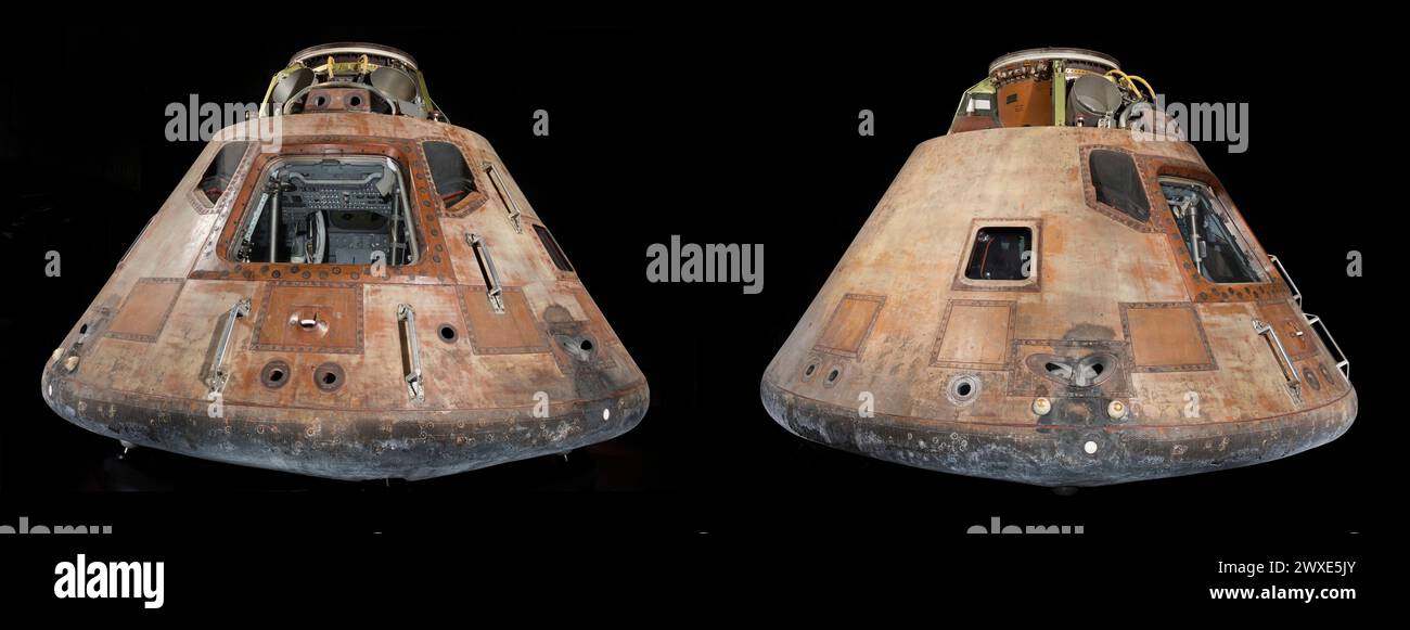 Kombinierte Vorder- und Rückansicht des Apollo 11 Command Module „Columbia“, Wohnräume für die dreiköpfige Besatzung während der ersten bemannten Mondlandungsmission im Juli 1969. Am 16. Juli 1969 starteten Neil Armstrong, Edwin Buzz Aldrin und Michael Collins von Cape Kennedy aus auf einer Saturn-V-Rakete. Dieses Kommandomodul, Nr. 107, hergestellt von N. American Rockwell, war einer von drei Teilen des Apollo-Raumschiffs und der einzige Teil des Raumschiffs, der zur Erde zurückkehrte. 1971 wurde es nach einer von der NASA gesponserten Tour durch amerikanische Städte in das Smithsonian Museum überführt Stockfoto