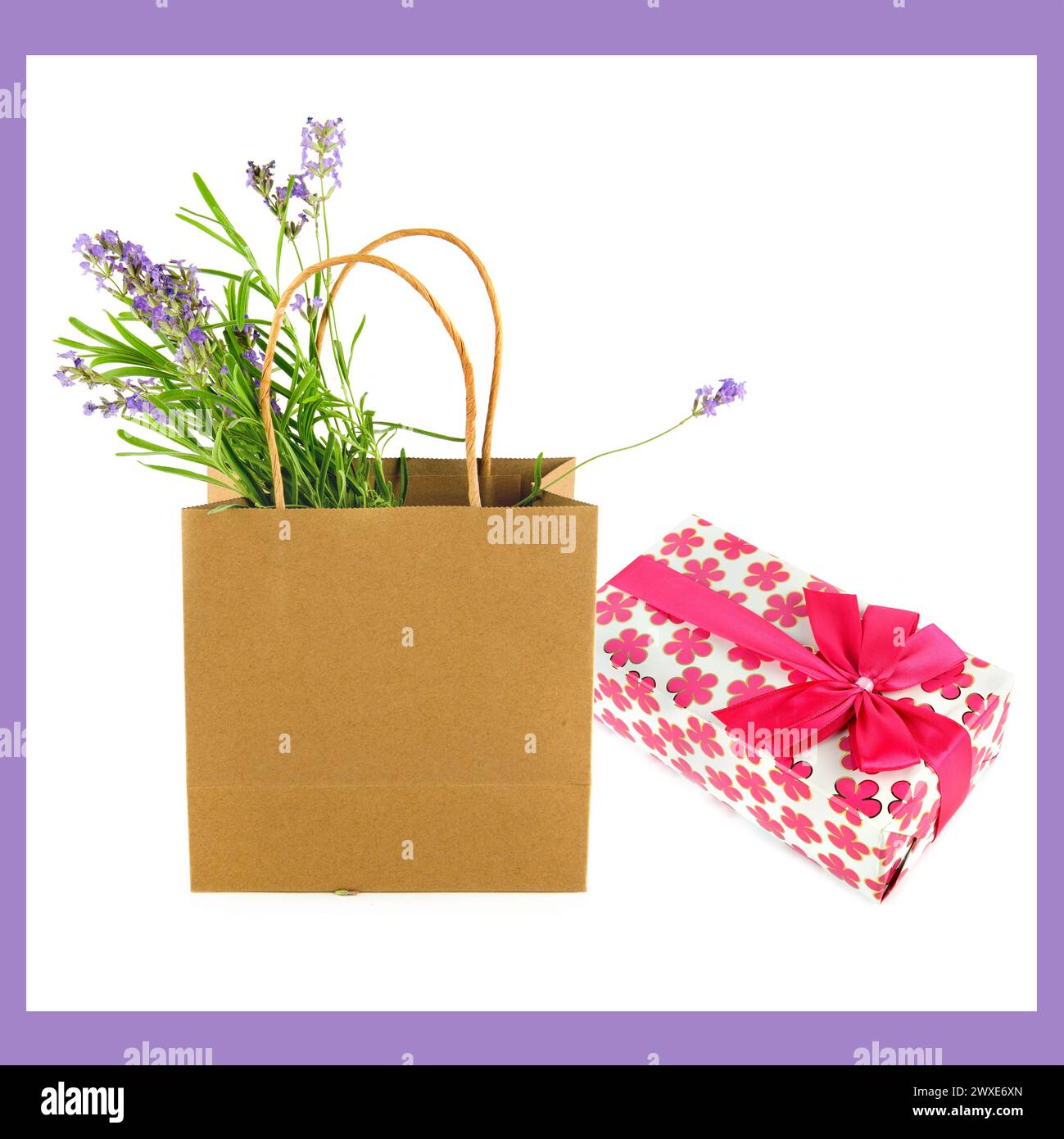 Geschenk in heller Verpackung und Papiertüte mit Blumen isoliert auf weißem Hintergrund. Stockfoto