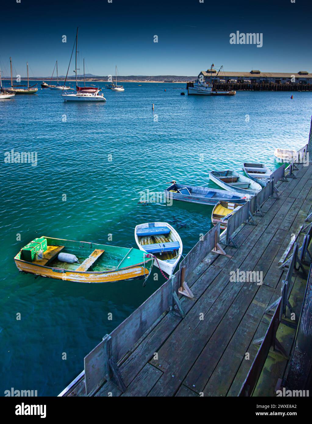 Die farbenfrohen Ruderboote sind an einem rustikalen Holzdock in einer ruhigen maritimen Umgebung befestigt Stockfoto