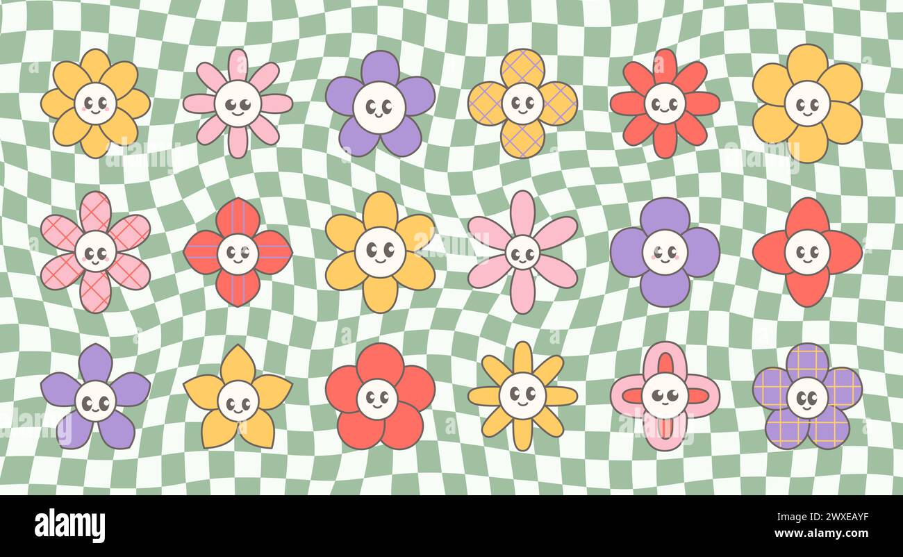 Sommer süße groovige Blumen Kopf Aufkleber Set. Lustige Retro-Zeichentrickfiguren, Gänseblümchen, Kamille. Stock Vektor