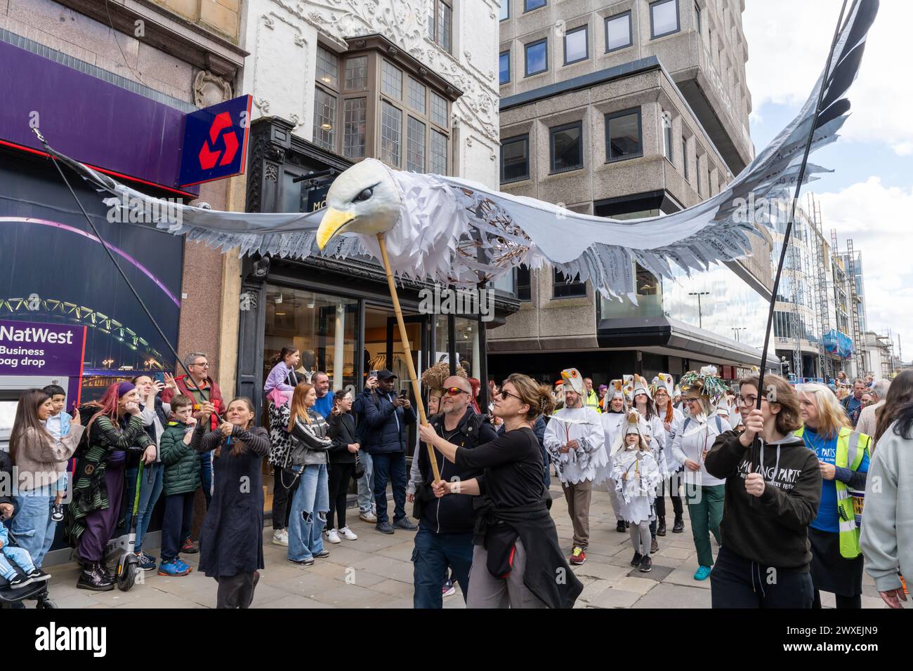 Newcastle upon Tyne, Großbritannien. 30. März 2024. Beasts on the Street, Puppenspiele in der Northumberland Street in der Stadt, während das Newcastle Puppetry Festival eröffnet wird. Das Festival findet bis zum 7. April statt. -- im Bild: City of Kittiwakes Parade. Quelle: Hazel Plater/Alamy Live News Stockfoto