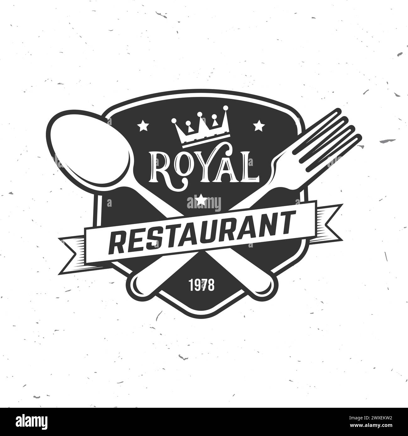 Royal Restaurant Shop, Menü Logo. Vektorabbildung. Vintage-Grafik für Logo, Label, Abzeichen mit Krone, Gabel und Löffel. Kochen, Küche Stock Vektor
