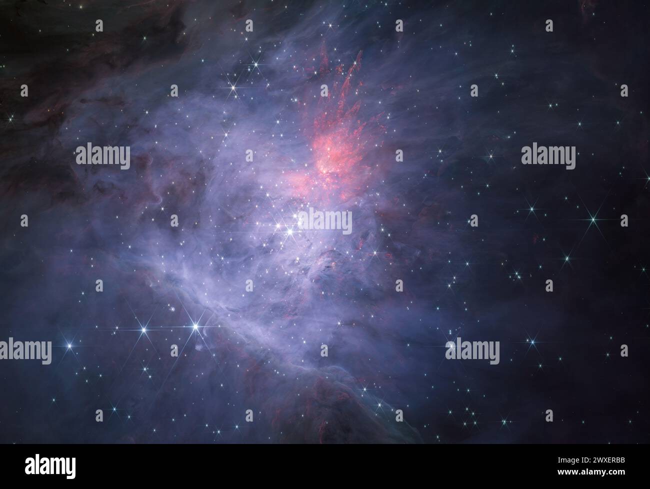 Dieses Bild zeigt die vollständige Vermessung des inneren Orionnebels und des Trapezclusters mit dem NIRCam-Instrument am James Webb-Weltraumteleskop der NASA/ESA/CSA. Dies ist der kurzwellige Farbverbund, der den Nebel, seine Sterne und viele andere Objekte in beispielloser Detailtreue im Infrarot offenbart. " Credit: NASA, ESA, CSA / Science Leads and Image Processing: M. McCaughrean, S. Pearson Stockfoto