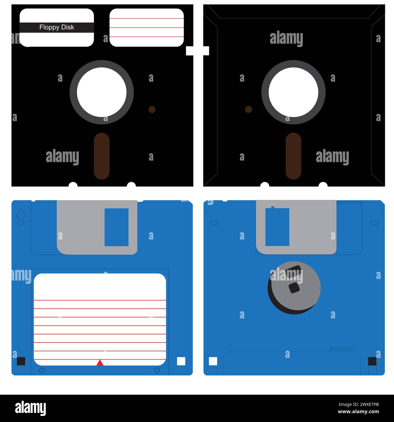 Satz von Disketten in 3,5- und 5,25-Zoll-Versionen, 3 ½- und 5,25-Zoll-Diskettenspeicher, Retro Storage-Medien Stock Vektor