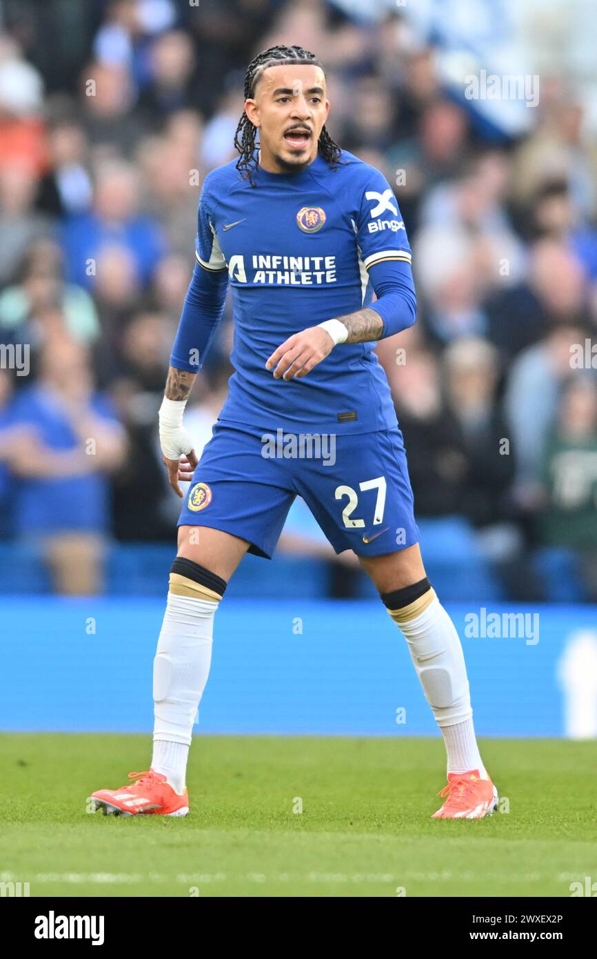 London, Großbritannien. 30. März 2024. Malo Gusto (27 Chelsea) während des Premier League-Spiels zwischen Chelsea und Burnley in Stamford Bridge, London am Samstag, den 30. März 2024. (Foto: Kevin Hodgson | MI News) Credit: MI News & Sport /Alamy Live News Stockfoto