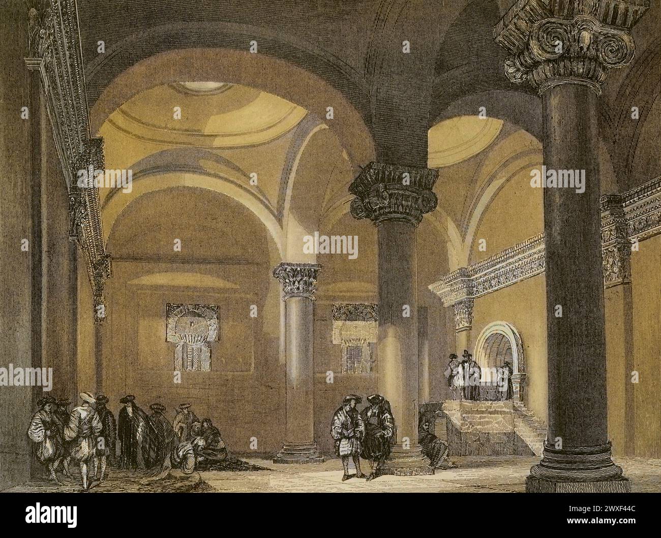 Jerusalem. Das Innere des Goldenen Tors, der älteste Eingang zu den Mauern der Altstadt. Stich von Emile Rouargue. Spätere Färbung. "La Tierra Santa y los lugares recorridos por los profetas, por los apóstoles y por los cruzados" (das Heilige Land und die von den Propheten, den Aposteln und den Kreuzfahrern durchquerten Stätten). Veröffentlicht in Barcelona von der Druckerei Joaquin Verdaguer, 1840. Autor: Emile Rouargue (1795–1865). Französischer Graveur. Stockfoto