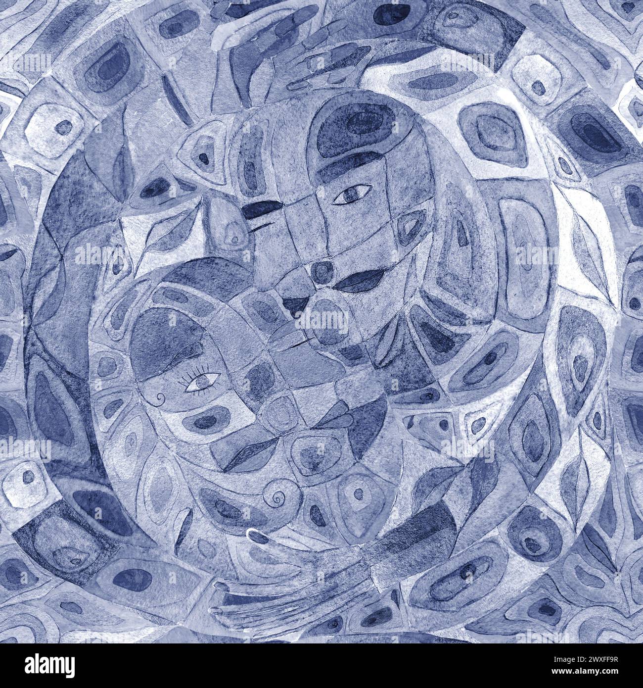 Abstrakte Aquarellsymbole monochromer Hintergrund. Handgezeichnetes marineblaues einfarbiges nahtloses Muster. Aquarellabstraktion. Yin und Yang Harmonie. Stockfoto