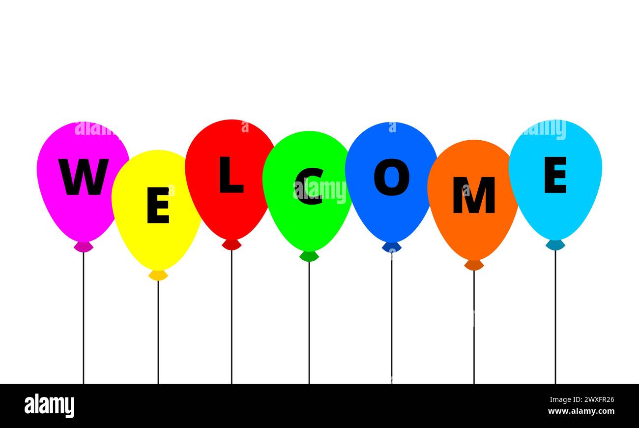 Willkommen. Wort mit farbenfrohem Ballon-Thema. Stock Vektor