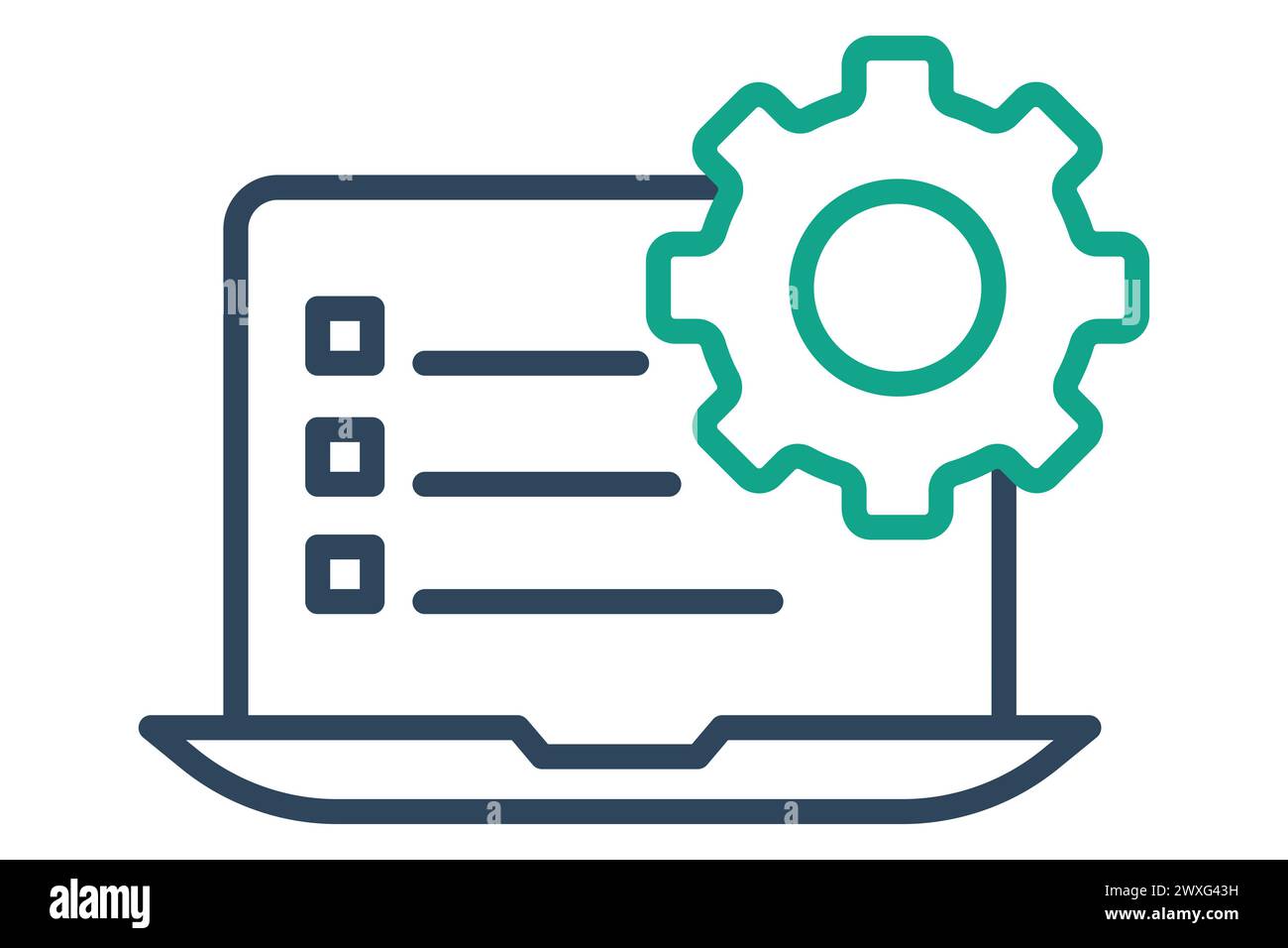 Symbol "Aktionsplan". Laptop und Checkliste mit Ausrüstung. Symbol, das sich auf das Geschäft bezieht. Liniensymbolstil. Elementabbildung. Stock Vektor