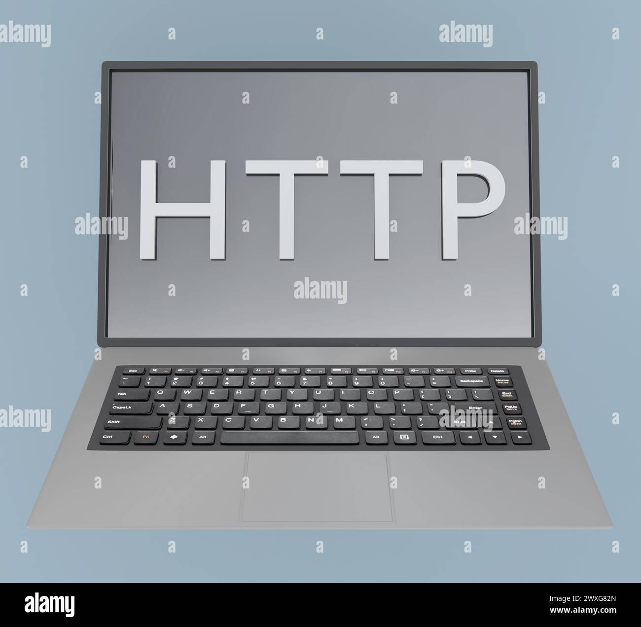 3D-Darstellung der Beschriftung HTTP - die Initialen des Hypertext Transfer Protocol, dargestellt auf einem Laptop-Bildschirm. Stockfoto
