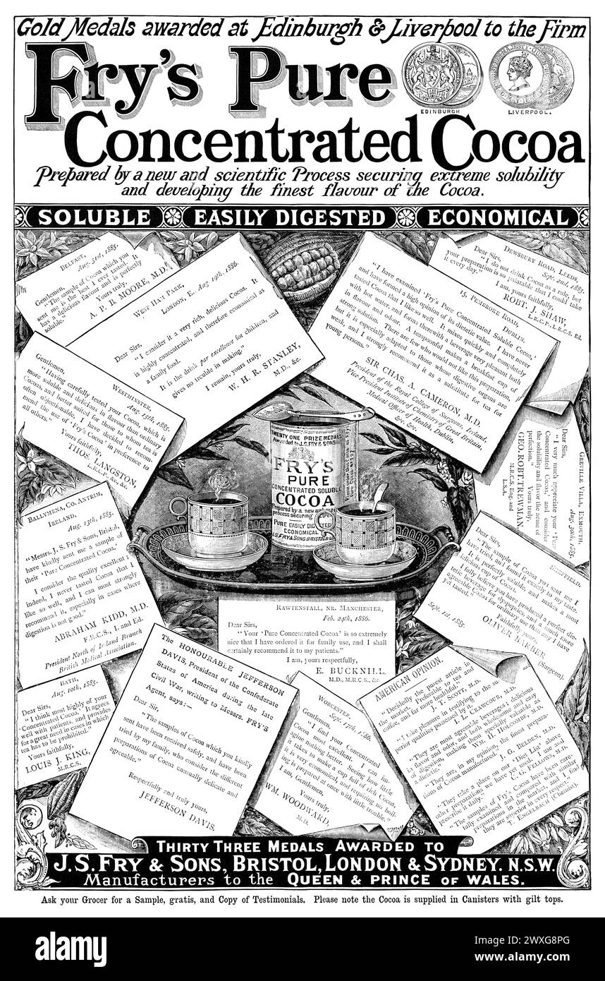 1897 britische Werbung für Fry's Concentrated Cocoa Powder. Stockfoto