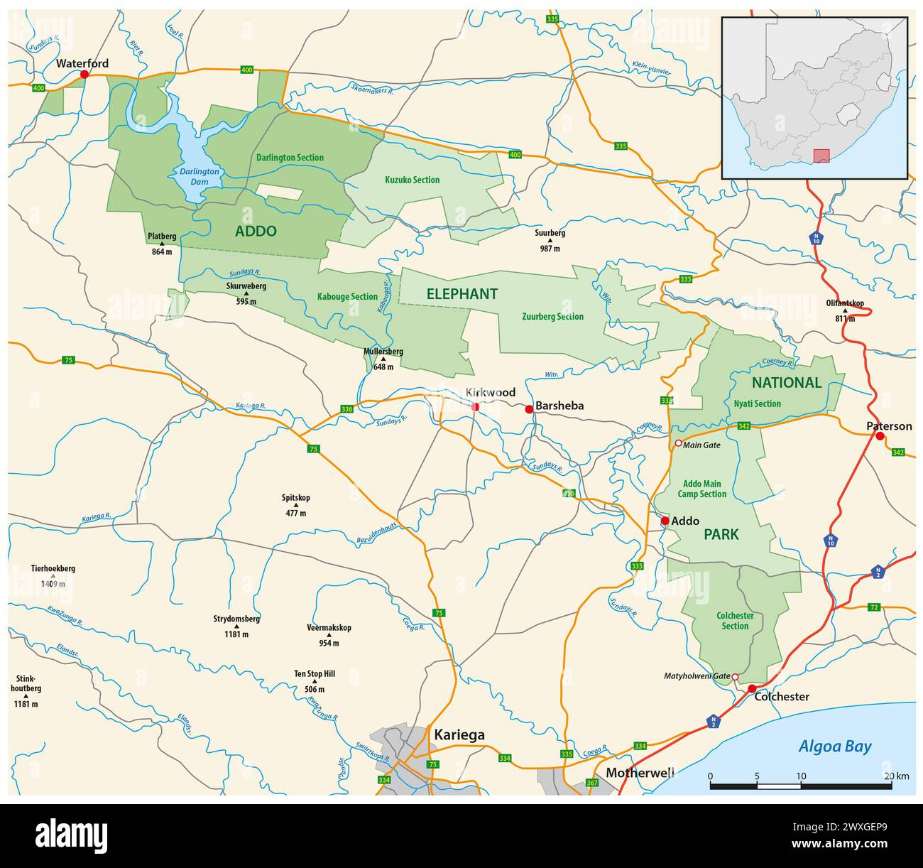 Vektorkarte des South Africas Addo Elephant National Park Stockfoto