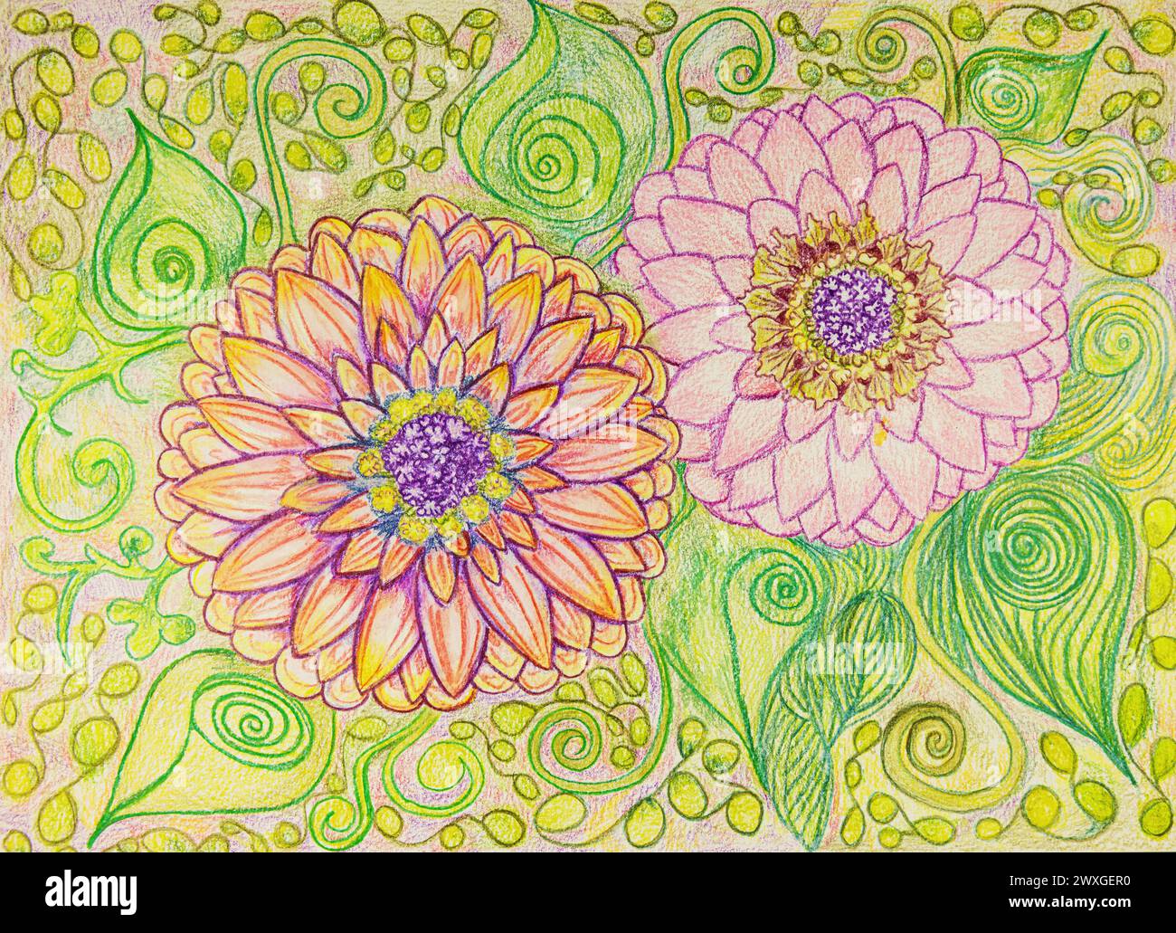 Zwei Ringelblumen in einem schönen sonnigen Garten. Die Dabbing-Technik in der Nähe der Kanten sorgt aufgrund der veränderten Oberflächenrauhigkeit des p für einen weichen Fokus Stockfoto