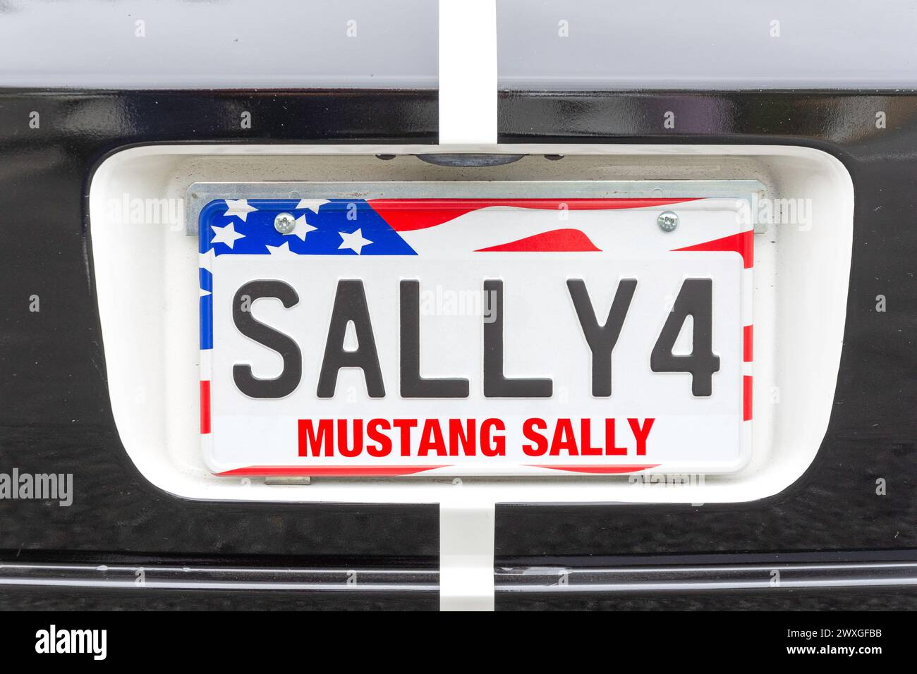 Mustang Sally (Sally4) Autokennzeichen auf dem klassischen Mustang Car, Cashmere, Christchurch, Canterbury, Neuseeland Stockfoto