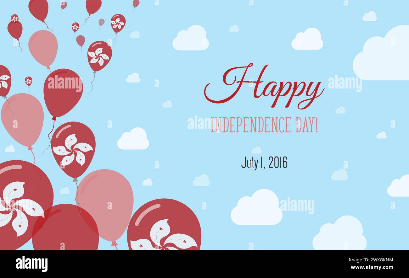 Funkelndes Patriotisches Poster Zum Unabhängigkeitstag In Hongkong. Reihe von Ballons in Farben der chinesischen Flagge. Grußkarte mit Nationalflaggen, Blue Skyes und Stock Vektor