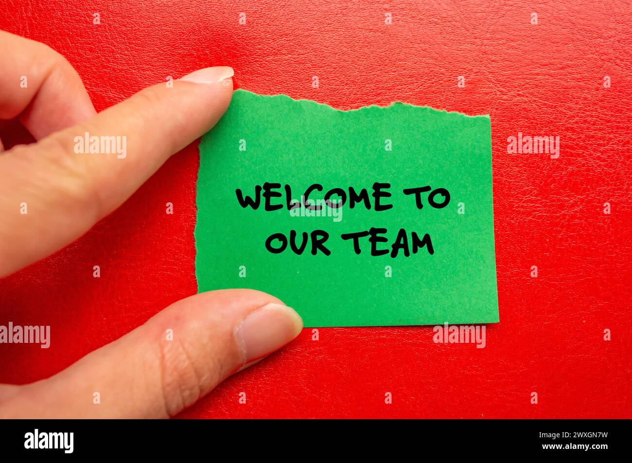 Willkommen zu unseren Teamworten auf grünem, gerissenem Papier mit rotem Hintergrund. Konzeptionelles Geschäftssymbol. Kopierbereich. Stockfoto