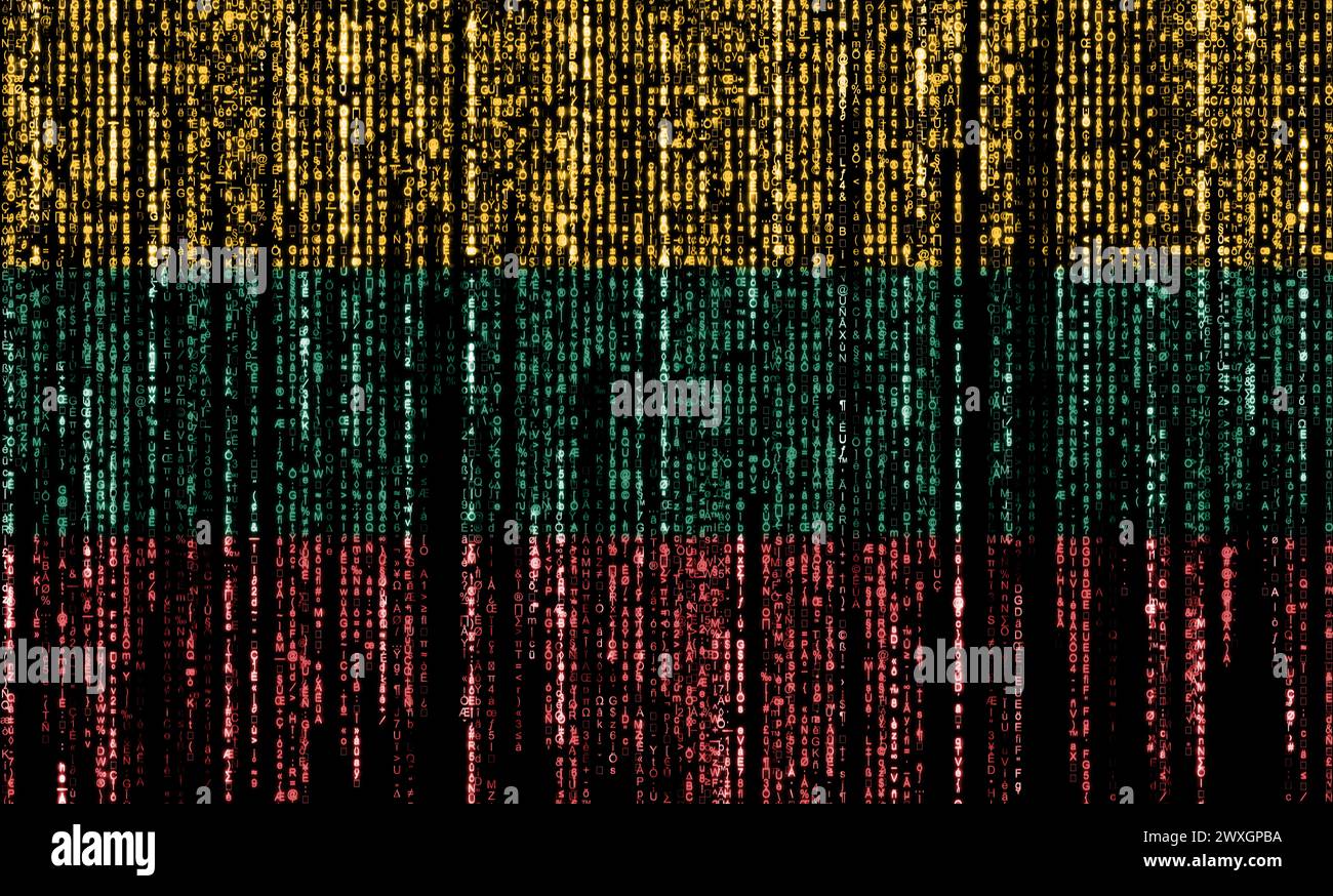 Flagge Litauens auf einem Computer-Binärcodes fallen von oben und verschwinden. Stockfoto