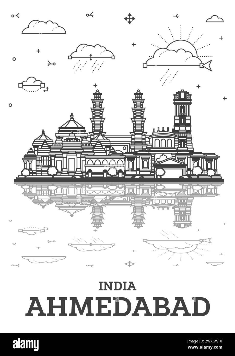 Umreißen Sie die Skyline von Ahmedabad India City mit historischen Gebäuden und Reflektionen, isoliert auf Weiß. Vektordarstellung. Ahmedabad Stadtbild mit Wahrzeichen Stock Vektor