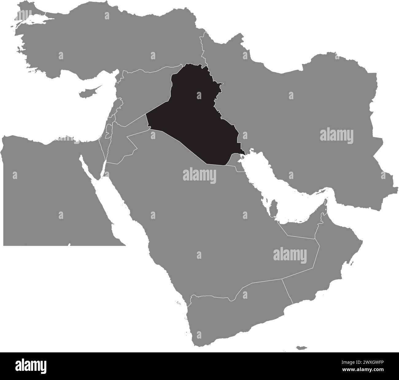 Schwarze Karte des IRAK in grauer Karte des Nahen Ostens Stock Vektor