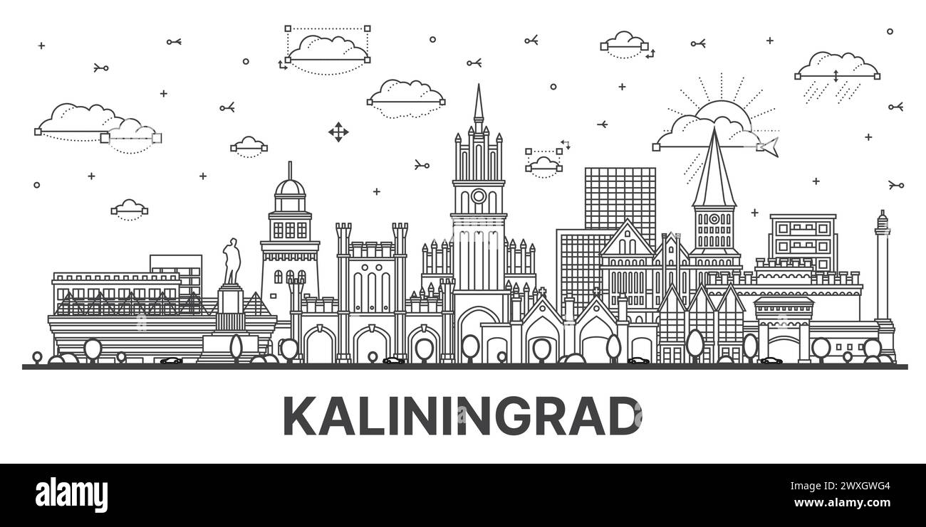 Umreißen Sie die Skyline der Stadt Kaliningrad Russland mit modernen und historischen Gebäuden, die auf weiß isoliert sind. Vektorabbildung. Kaliningrad Stadtbild mit Wahrzeichen Stock Vektor