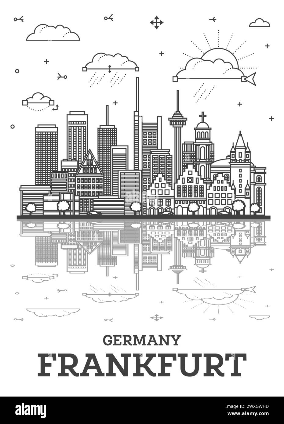 Umreißen Sie die Frankfurter Skyline mit modernen Gebäuden und Reflexionen, isoliert auf Weiß. Vektordarstellung. Frankfurter Stadtlandschaft mit Wahrzeichen Stock Vektor