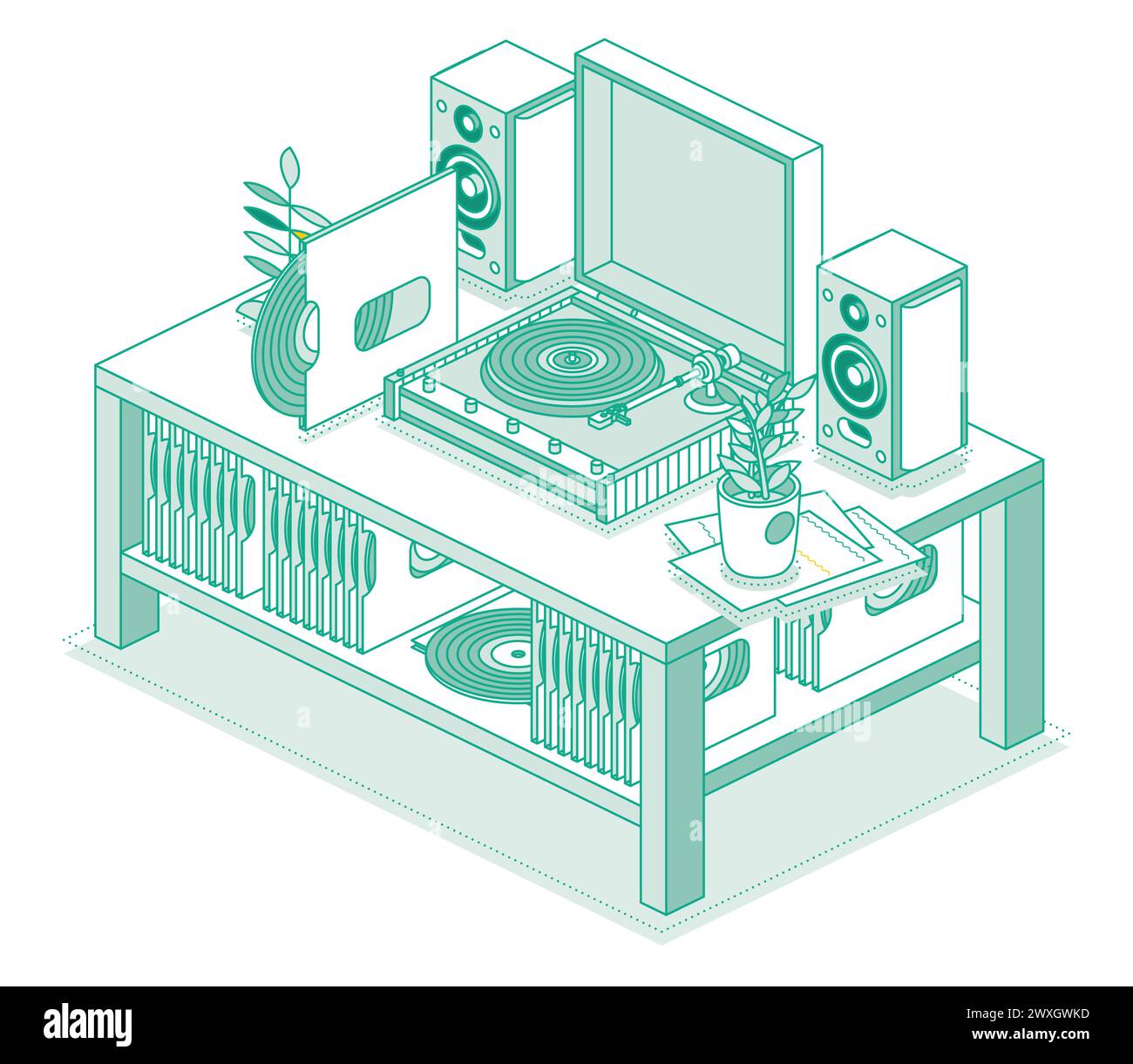 Isometrischer Vinyl-LP-Plattenspieler mit Diskette. Tisch mit Recorder und zwei Lautsprechern. Stereoanlage. Objekte auf weißem Hintergrund isoliert. Stock Vektor