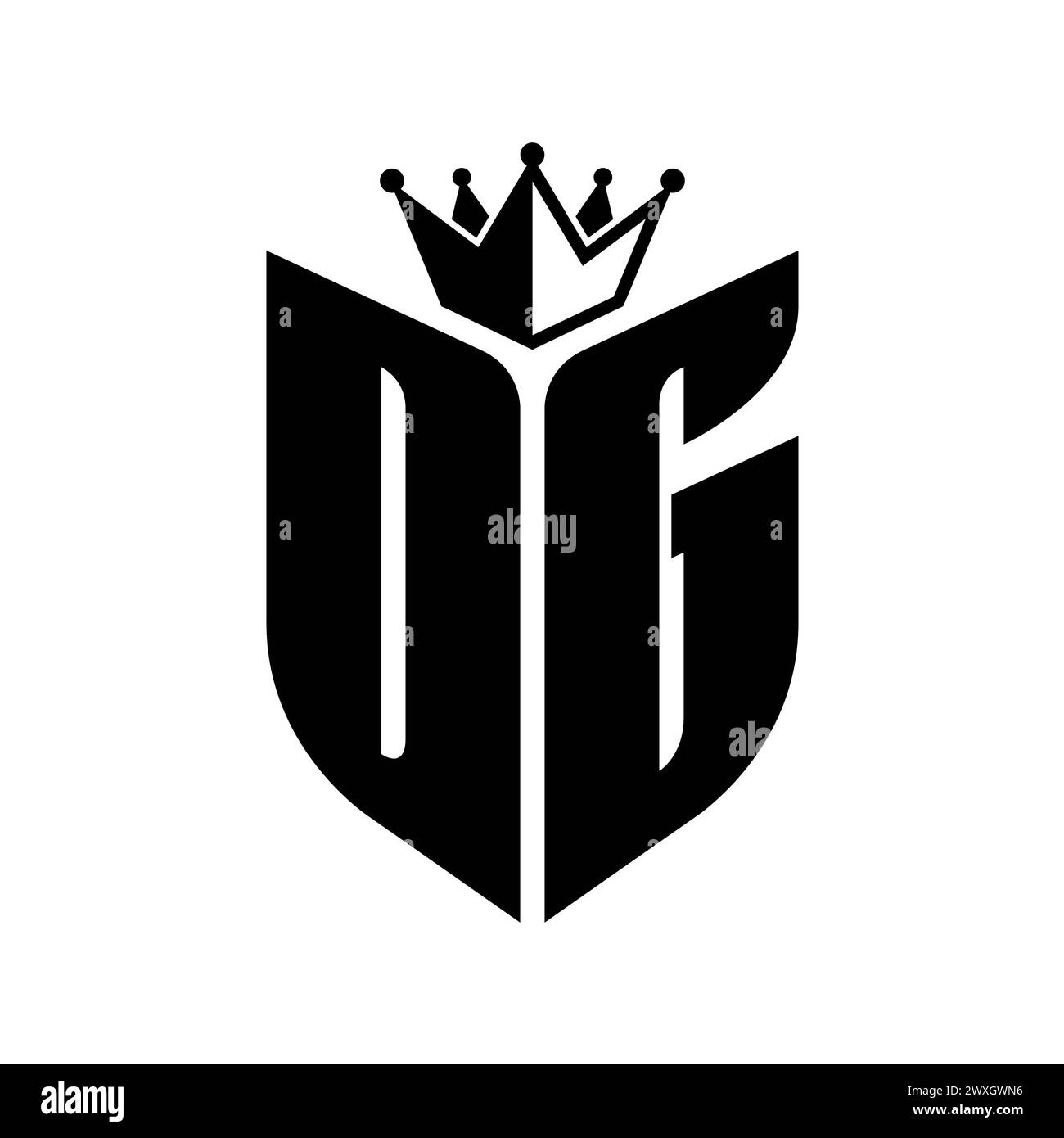 DG Letter Monogramm mit Schildform mit kronenschwarzer und weißer Farbvorlage Stockfoto
