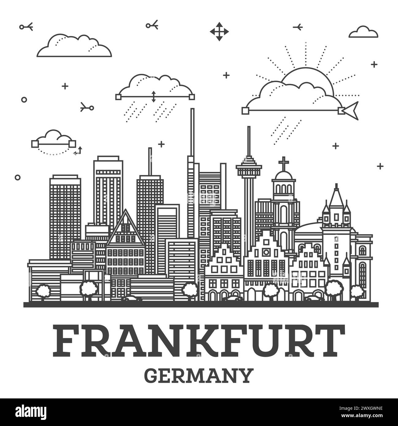 Umreißen Sie die Frankfurter Skyline mit modernen Gebäuden, isoliert auf Weiß. Vektordarstellung. Frankfurter Stadtlandschaft mit Wahrzeichen. Stock Vektor