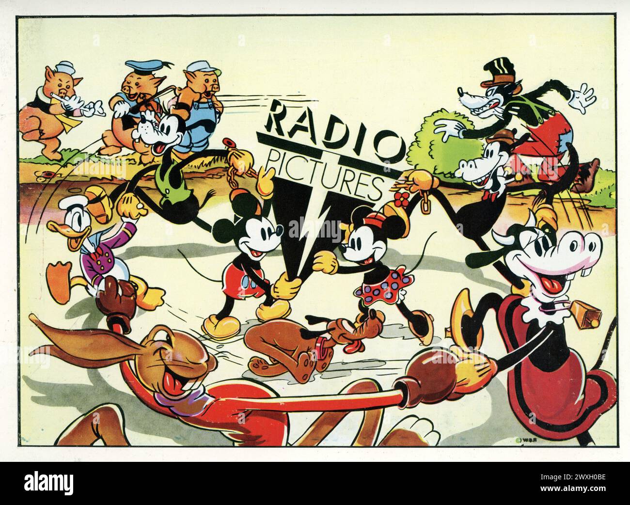 Detail aus dem britischen Trade-Werbespot von 1937 für WALT DISNEY Cartoon Shorts, verteilt von RKO Radio Pictures, einschließlich MICKEY MAUS MINNIE MAUS DONALD DUCK PLUTO DIE DREI KLEINEN SCHWEINE und der GROSSE BÖSE WOLF Stockfoto