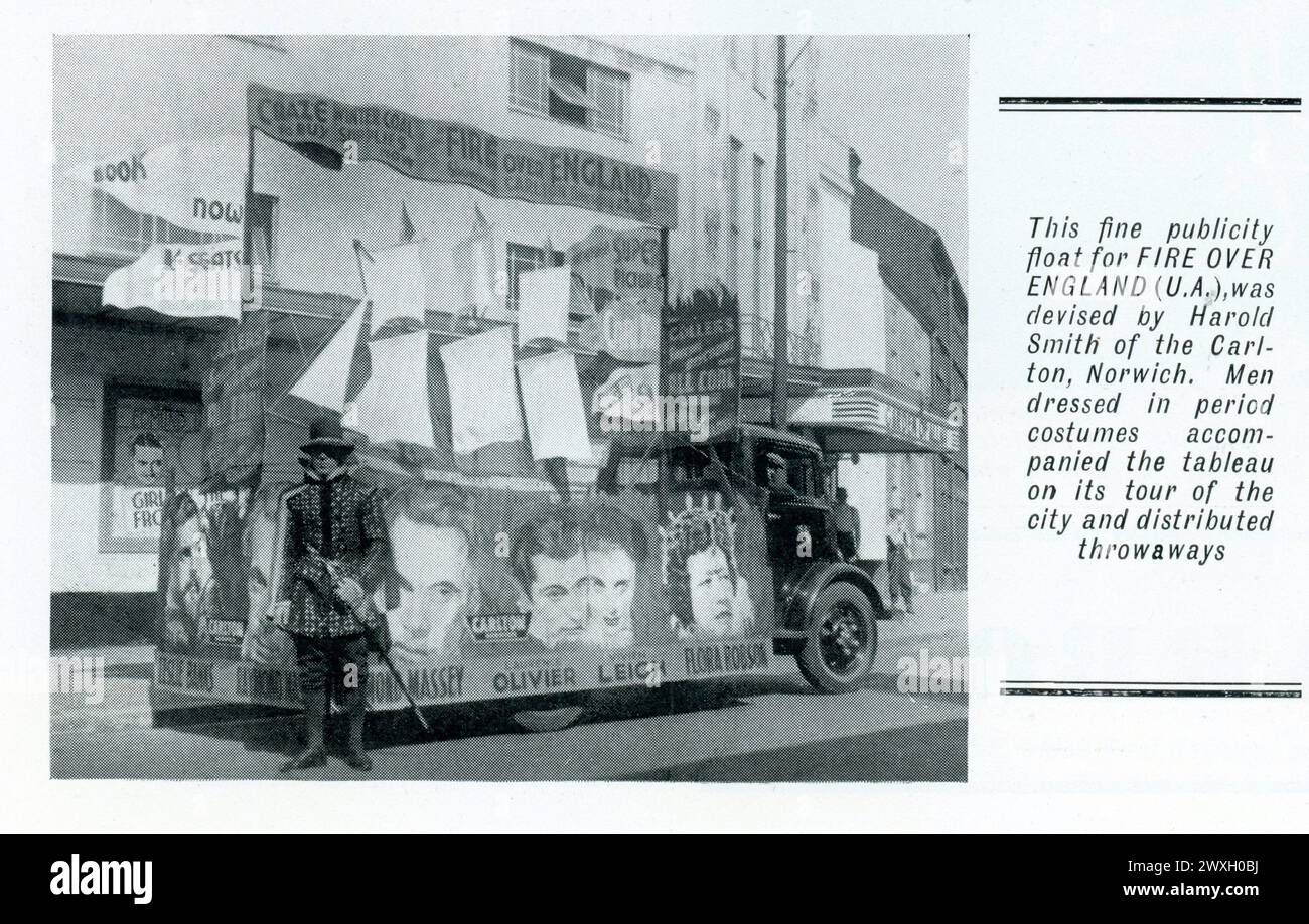 Publicity Float on Coal Truck für LAURENCE OLIVIER VIVIEN LEIGH FLORA ROBSON LESLIE BANKS und RAYMOND MASSEY in FIRE ÜBER ENGLAND 1937 Regisseur WILLIAM K. HOWARD Roman A.E.W. Mason Musik Richard Addinsell Produzenten Erich Pommer und Alexander Korda London Film Productions / United Artists Stockfoto